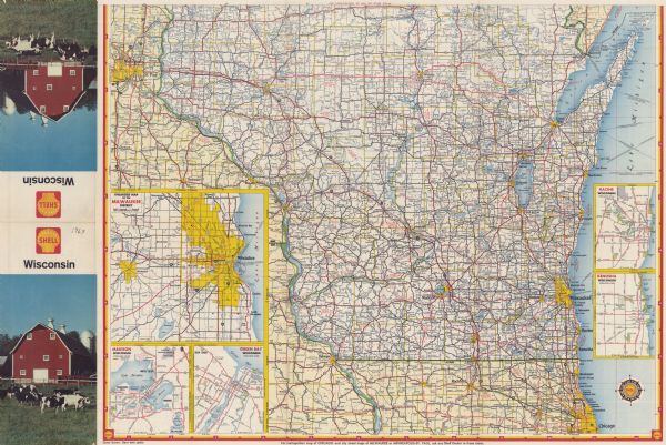 This colored road map shows automobile roads in Wisconsin as well as portions of nearby states. The map is organized such that a single map of Wisconsin is divided on to two sides of a page, with the northern half on the front SSSSIDE and the southern half on the back. Information on the quality and type of any road shown (paved, improved, dirt, under construction, etc.) is available in the top right corner of the front page. Along the left edge of the front side, an index of counties, towns, and cities shown on the map is featured, with population information. Along the top edge, a small street map of Duluth-Superior is available; similar street maps of Milwaukee, Madison, Green Bay, Racine, and Kenosha can be found on the back side in the bottom left corner or superimposed upon Lake Michigan. Points of interest, fish hatcheries, airports, state parks, and time zone boundaries are located on the map and can be identified using the legend.