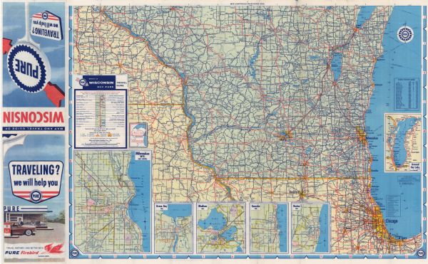 This colored road map shows automobile roads in Wisconsin as well as portions of nearby states. The map is organized such that a single map of Wisconsin is divided on to two sides of a page, with the northern half on the front side and the southern half on the back. Information on the quality and type of any road shown (U.S. Highway, State Highway, County Trunk Highway, paved, unimproved, etc.) can be found in the legend near the bottom left corner of the back side. Under the legend, small street maps of Milwaukee, Madison, Green Bay, Racine, and Kenosha are superimposed over the larger map; a similar street map of Duluth-Superior is available along the top edge of the front page. To the right of this map, a mileage chart showing the distances between various towns and cities in and around Wisconsin is featured. Along the left edge of the front page, an index of counties, towns, and cities shown on the map is available with population information. Points of interest, fish hatcheries, airports, state parks, and time zone boundaries are located on the map and can be identified using the legend. 