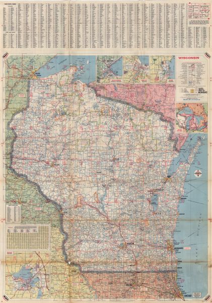 This colored road map shows automobile roads in Wisconsin as well as portions of nearby states. Information on the quality and type of any road shown (interstate highway, county road, paved, dirt, etc.) can be found in the legend near the top right corner, under an index of counties, cities, and towns shown on the map. Superimposed upon the main map, there are small street maps of Duluth-Superior, Green Bay, Racine, and Madison. In the bottom left corner, a mileage chart showing the distances between cities and towns in and around Wisconsin and a list of radio stations in the area are featured. On the back side of the map, street maps for Appleton, Kenosha, La Crosse, Sheboygan, and Milwaukee are available, along with road maps of the "Spooner-Hayward Region" and the "Rhinelander Region." An index of lakes and streams in Michigan and Wisconsin and a summary of tourist attractions in various counties are also featured. 