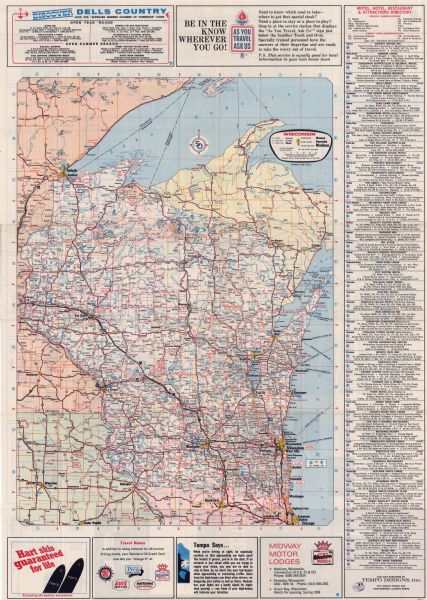 This colored road map shows automobile roads in Wisconsin as well as portions of nearby states. A map key indicates relative sizes of cities and towns. On the right side of the map is a "Motels, Hotels, and Restaurants Directory," featuring a selection of same by city name. There are various advertisements around the map, such as "Discover Dells Country,"  ads for Standard Oil, and "Tempo Tips" for drivers. On the back side of the map are detailed maps of Green Bay, Madison, Racine, Duluth- Superior, Kenosha, and Milwaukee. On the left side are photos and descriptions of "Featured Points of Interest" and "Historical Points of Interest" in Wisconsin. On the right side is a map key indicating road classifications and symbols for other map features.  Below this is a detailed Index of cities and towns, showing map location and population for each. At the bottom of the map is a mileage chart, and a "Recreational Areas" chart outlining amenities at various state and county parks and forests. Below this are various commercial advertisements plus promotions from Standard Oil Company.