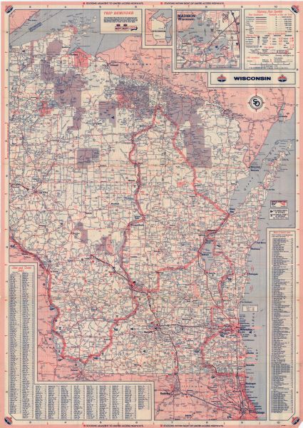 This colored road map shows automobile roads in Wisconsin as well as portions of nearby states. Information on the quality and type of any road shown (interstate highway, county road, paved,unpaved, etc.) can be found in the legend near the top right corner, next to a detailed map of Madison. In the bottom left corner, there is an index of Wisconsin towns and cities, showing their map location as well as population.  On the right side is a Points of Interest index, listing primary recreational areas, parks, museums, schools and other tourist attractions, and their map locations. The Standard Oil logo appears on each of the four corners front side of the map.  On the back side of the map are detailed maps of Green Bay, Racine, Duluth- Superior region, Kenosha, Milwaukee, and Chicago and vicinity. On the right side is a listing of Featured and Historical Points of Interest, including 12 photographs of several of these. Below this is a grid of recreational areas, including activities and facilities offered in each.