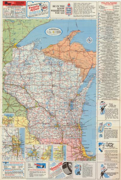 This colored map displays a brief description of tourist attractions in the state, as well as a grid of state parks and recreational facilities. There is a mileage log of distances between cities and towns. On the far right is a detailed map of Milwaukee and vicinity, plus a city and town index with map locations and populations. On the right top is a map key indicating road classifications and symbols for other road features. On the back side is a map of the entire state, including portions of states directly bordering Wisconsin. There are detailed maps of Green Bay, Madison, Racine, Milwaukee, and Kenosha. At the right is a Motel, Hotel, Restaurant and Attractions Directory. 