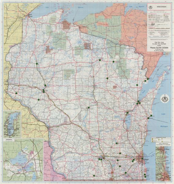 This colored map displays detailed maps of Green Bay, Appleton, Racine, Milwaukee, Kenosha, and Duluth-Superior. At the top right is a map location list of "Wisconsin Ski Areas," and of "Selected State Parks and Facilities," Below this is a brief description of selected cities and towns and their significant points of historical or geographical interest. At the far right is a location and population index of counties and cities.  Below this is a location listing of "Selected Lakes." The full state map appears on the back of the map, showing bordering areas of Michigan, Minnesota, and Iowa, along with a detailed map of Madison, and a detailed map of routes and towns surrounding Lake Michigan. There is also a detailed map indicating key routes between Milwaukee and Chicago IL. A key appears on the top right, indicating relative sizes of cities and towns, and other highway markers and map symbols. 