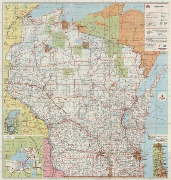This colored map displays Wisconsin and bordering areas of Iowa, Minnesota, and Michigan. There is color-coding on the map to indicate National Forests, and "Indian Reservation" sites. There are detailed maps of Madison and of "Main Highways Between Milwaukee and Chicago IL." There is also a detailed map showing routes and cities surrounding Lake Michigan. A map key appears on the upper right corner. On the back side is a detailed map of Milwaukee and vicinity, plus detailed maps of Kenosha, Appleton, Duluth-Superior, Racine, and Green Bay. On the left is a Mileage Log. On the top right are two charts: "Wisconsin Ski Areas," and "Selected State Parks and Facilities," outlining key facilities of each.  There is also a  location and population index of towns and cities of Wisconsin, plus a location index of "Selected Lakes." At the bottom is a brief description of selected cities and towns and their significant points of historical or geographical interest.