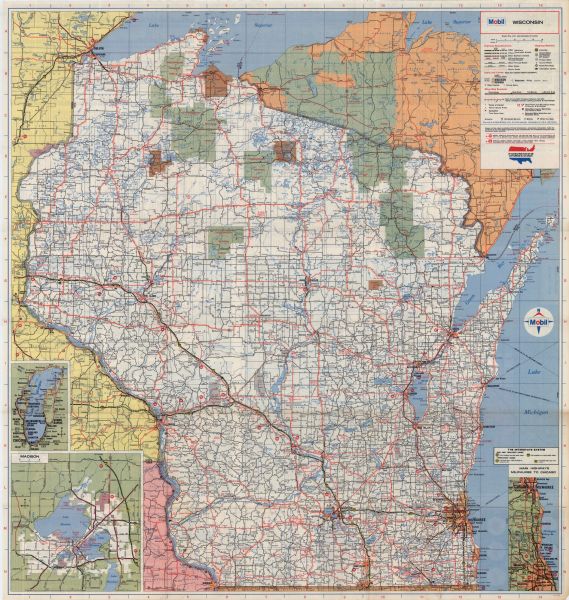 This colored map displays Wisconsin and bordering areas of Iowa, Minnesota, and Michigan. There is color-coding on the map to indicate National Forests, and "Indian Reservation" sites. There are detailed maps of Madison and of "Main Highways Between Milwaukee and Chicago IL." There is also a detailed map showing routes and cities surrounding Lake Michigan. On the back side is a detailed map of Milwaukee and vicinity, plus detailed maps of Kenosha, Appleton, Duluth-Superior, and Green Bay. On the left is a Mileage Log.  On the top right are two charts: "Wisconsin Ski Areas," and "Selected State Parks and Facilities," outlining key facilities of each. There is also a location and population index of towns and cities of Wisconsin, plus a location index of "Selected Lakes." At the bottom is a brief description of selected cities and towns and their significant points of historical or geographical interest.