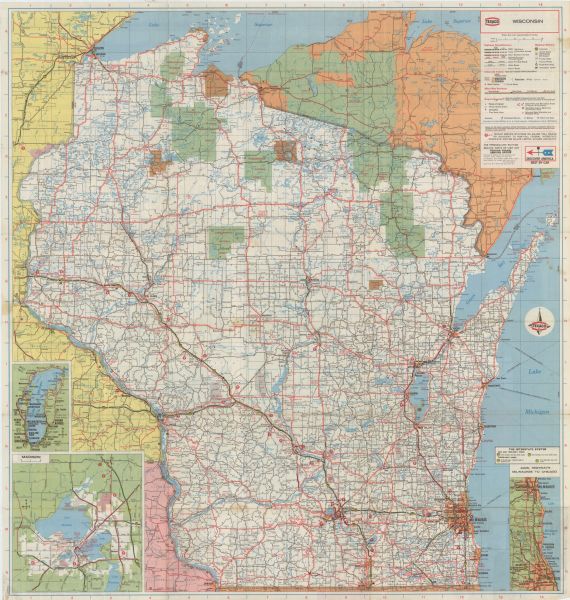 This colored map displays Wisconsin and bordering areas of Iowa, Minnesota, and Michigan.  There is color-coding on the map to indicate National Forests, and "Indian Reservation" sites. There are detailed maps of Madison and of "Main Highways Between Milwaukee and Chicago IL." There is also a detailed map showing routes and cities surrounding Lake Michigan. A map key appears on the upper right corner. On the back side is a detailed map of Milwaukee and vicinity, plus detailed maps of Kenosha, Appleton, Duluth-Superior, Racine, and Green Bay. On the left is a Mileage Log. On the top right are two charts: "Wisconsin Ski Areas," and "Selected State Parks and Facilities," outlining key facilities of each. There is also a  location and population index of towns and cities of Wisconsin, plus a location index of "Selected Lakes." At the bottom is a brief description of selected cities and towns and their significant points of historical or geographical interest.