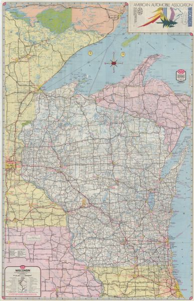 This map displays, in color,  Wisconsin and bordering areas of Iowa, Minnesota, Illinois, and Michigan. At the bottom is a map key indicating road classifications and symbols for other map features. The back of the map is in black and white, and shows a Wisconsin mileage graphic indicating driving distances between main cities. Next to this are detailed maps of Appleton, Eau Claire, Kenosha, and LaCrosse, and an "Index to Cities, Villages, and Lakes in Wisconsin." There are numerous detailed maps including the Duluth area and Downtown Duluth, Madison and Downtown Madison, Green Bay, Oshkosh, Racine, and Milwaukee and Downtown Milwaukee.  In the center is a detailed map of Lake Superior and vicinity, showing towns and cities, recreational areas, ferry routes, and other points of interest in the area. Additionally there is a graphic of "Toll Facilities,"  showing location and tolls for key bridges, ferries, and  boat lines throughout the state.                                     
