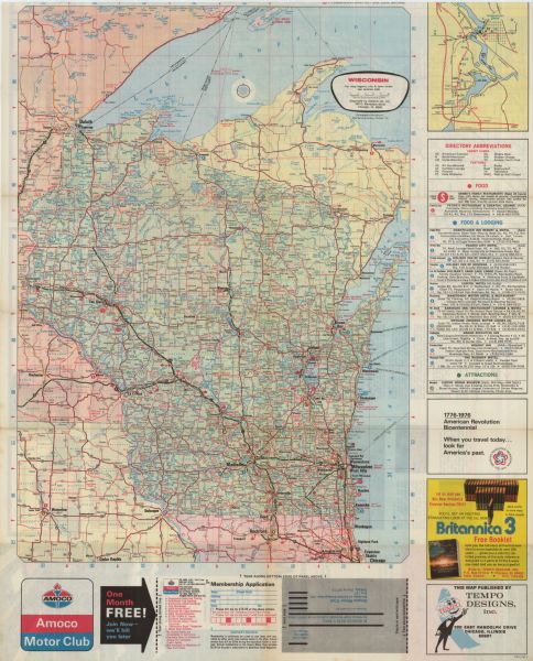 This colored road map of Wisconsin displays "Featured Points of Interest" and "Historical Points of Interest" in the state, including three color photographs of several of these. There are detailed maps of Green Bay, Madison, Racine, Duluth- Superior, Kenosha, and Milwaukee. On the right side is a map key indicating road classifications and symbols for other map features. Below this is a detailed Index of cities and towns, showing map location and population for each. At the bottom of the map is a mileage chart, and a "Recreational Areas" chart outlining amenities at various state and county parks and forests. Additionally, there are several commercial advertisements, promotions from Standard Oil Company, and a graphic for Quaker State Oil showing cars of the period. On the back side is a full map of the state, showing portions of bordering states. On the right side is a brief directory of food, lodging, and attractions, by city name. There is a detailed map of the Wisconsin Dells area. There are several advertisements around the map, including a suggestion to "Look For America's Past" in the Bicentennial year.
