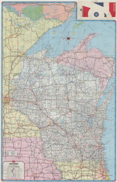 This color map displays Wisconsin and bordering areas of Iowa, Minnesota, Illinois, and Michigan. At the bottom is a map key indicating road classifications and symbols for other map features. The back of the map is in black and white, and shows a Wisconsin mileage graphic indicating driving distances between main cities. Next to this are detailed maps of Appleton, Eau Claire, Kenosha, and LaCrosse, and an "Index to Cities, Villages, and Lakes in Wisconsin." There are numerous detailed maps including the Duluth area and Downtown Duluth, Madison and Downtown Madison, Green Bay, Oshkosh, Racine, and Milwaukee and Downtown Milwaukee. In the center is a detailed map of Lake Superior and vicinity, showing towns and cities, recreational areas, ferry routes, and other points of interest in the area. Additionally there is a graphic of "Toll Facilities," showing location and tolls for key bridges, ferries, and  boat lines throughout the state.  On the left is an section called "Conserve Air, Fuel, Dollars," outlining ways to optimize driving habits and automobile maintenance to obtain maximum driving efficiency.                           