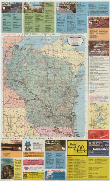 This colored map displays Wisconsin and portions of bordering states, including a detailed map of the Wisconsin Dells area. Surrounding the map are multiple color ads for tourist destinations, including a detailed map and listing of lodgings, attractions, and restaurants in the Dells. Other tourist destinations are designated by region, for example, "Indian Head Country," "Heritage Country and Door County," " Northwoods Country," and " Yellow Thunder Country." A multi-statewide list of McDonald's restaurants is provided. On the back of the map are detailed maps of Duluth-Superior, Green Bay, Kenosha, Madison, Milwaukee, Eau Claire, and Racine. "Featured Points of Interest" are illustrated and explained. At the top right is a map key indicating road classifications and symbols for other map features. Below this is a "Cities and Towns Index," with map locations and populations. At bottom left is a mileage chart of distances between key cities. There are numerous commercial ads geared to the tourist, with emphasis on Standard Oil products and services.