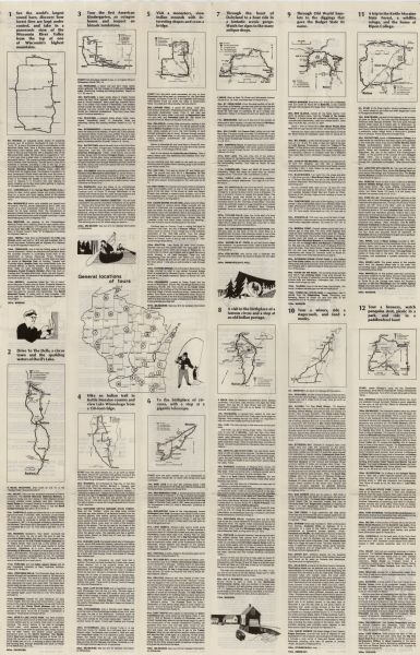 The general theme of this black and white map is "Discover and Enjoy Wisconsin."  The front of the map depicts driving tours numbered 1 through 12; each tour is headed by a brief description and a graphic map showing attractions and routes for the tour.  In the center of the map is a graphic of Wisconsin, showing the general location of each of the numbered tours. The back side of the map continues in the same format, with tours numbered 13 through 25. Below each individual tour detail map are brief descriptions of the primary attractions of the tour, as well as information on specific historical, geographic, or scenic points of interest. At the bottom right corner is a key indicating which activities and facilities are available within tour areas.