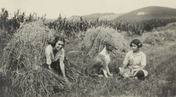 Two girls and a dog sit in a field where oats have been cut and shocked. The girl on the left is sitting inside one of the oat shocks and smiling at the camera. They are wearing skirts and blouses. A cornfield can be seen behind them and wooded hills are in the far background.