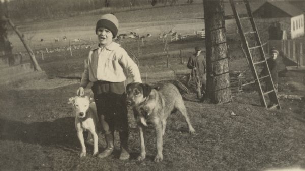 A young boy wearing work clothes, boots and a knit cap stands on a hill with his two dogs. Behind him a man holding what appears to be a coil of wire is standing with another boy near a tree with a ladder against it. In the background is a pasture with cattle and a barn.