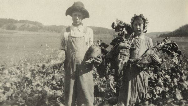 A young man and woman wearing work clothes are standing in a garden, holding very large root vegetables. The woman is wearing a bonnet and the man is wearing a hat. Fields and wooded hills are in the background.