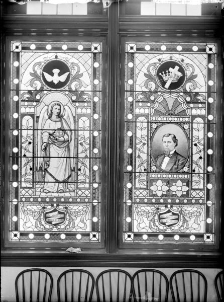 William Price Memorial window in the Methodist Church. Price was the town's most prominent and wealthiest citizen. The Methodist Church burned down in 1945.