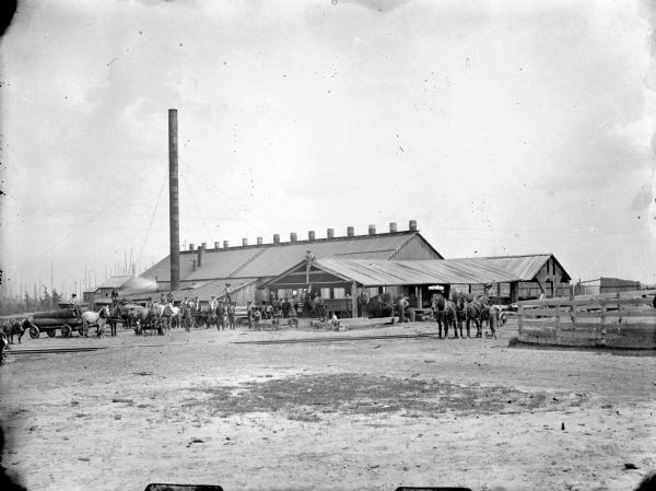 View across yard of men and children posed near what is probably Warrens Mill. Men and children are posed standing, sitting in lumber wagons, on horses, and on the roof of a building. There are barrels sitting along the roof line.