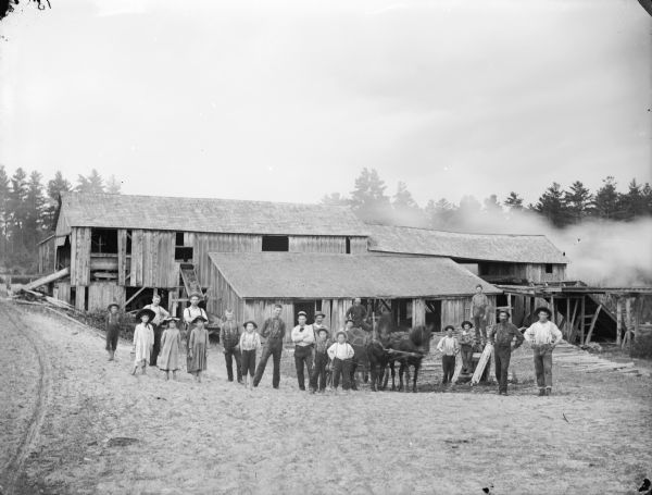 Large group of men, boys and girls posed standing in front of a small sawmill. In the center is a man sitting in a wagon pulled by a team of two horses wearing fly-nets.