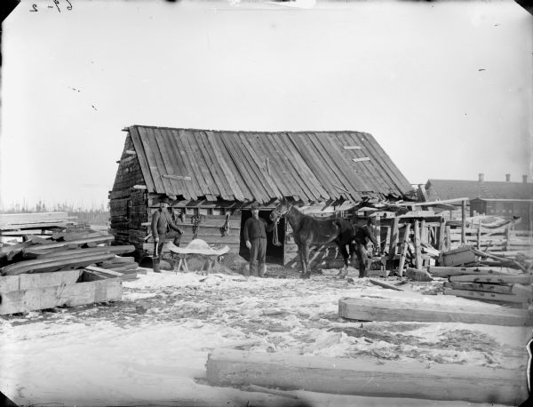 Blacksmith posed shoeing a horse in the snow-covered lumberyard of a sawmill, while another man holds the horse's reins. A third man is posed standing next to a wooden yoke resting on sawhorses.