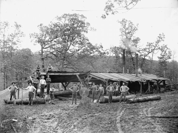 Men posed standing around the temporary shelter of a steam-powered open-air saw, probably using a steam tractor for power.