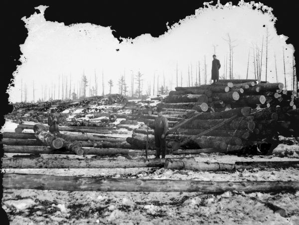 Three men posed atop and among piles of logs.