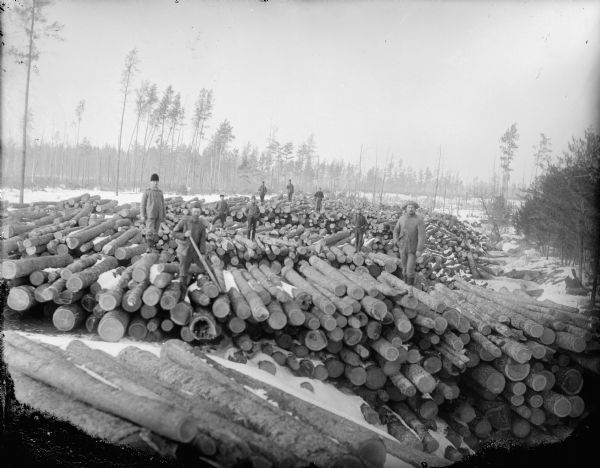 Group of men posed atop and among stacks of logs on landing.