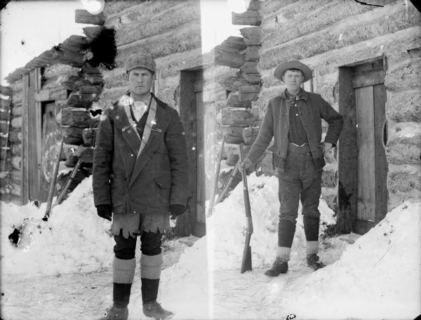 On the right a man is posed standing and holding a repeating rifle in front of the door of a log building between piles of snow. The left side shows a man posed standing in front of the same log building.	