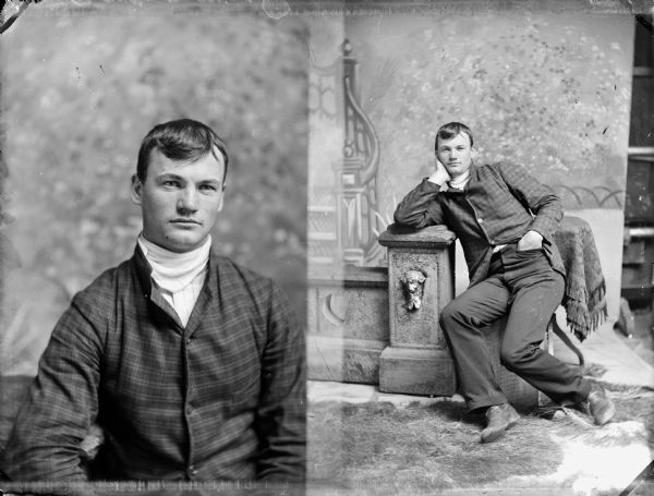 Studio portraits: waist-up portrait of a man, and another of him posed sitting next to a prop stone wall.