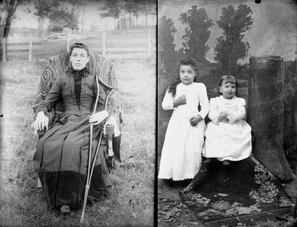 On left: Woman posed sitting in a chair and holding a cane in the yard of a house, probably Mrs. Hassel Phillips. On right: Studio portrait of two young girls posed in front of a painted backdrop depicting trees and a tree stump.