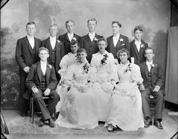 Studio portrait in front of a painted backdrop of six men posed standing, two men and four women posed sitting. Probably the Black River Falls High School Class of 1894. The women are wearing white dresses with corsages, and have hand fans in their laps. The men wear black suits, white shirts, white bow ties and boutonnieres.