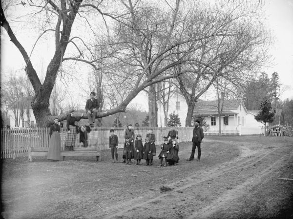 Two men, four women, five girls and two boys posing near and on a tree with a low hanging branch, and a wooden bench. Three of the group is posing at a swing attached to one of the branches of the tree. The group is across the street from a frame house, probably the home of Able Cheney.	