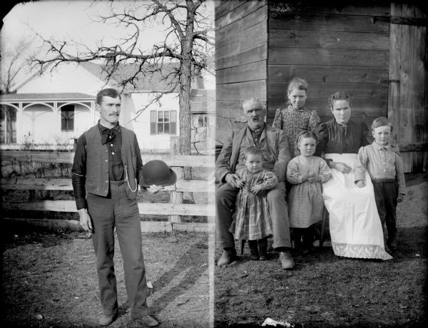 Two images: Left side is: Man posing standing in the road in front of a wooden fence holding a derby hat. There is a house in the background. On the right side is: Old, bearded man and younger woman sitting in front of the corner of a wood outbuilding surrounded by four young children. A young boy is standing at his mother's side on the right, an older girl is standing behind the man and woman, a younger girl is in the middle, and the youngest girl is standing between the older man's legs. The woman is wearing a dark blouse and long, white apron.