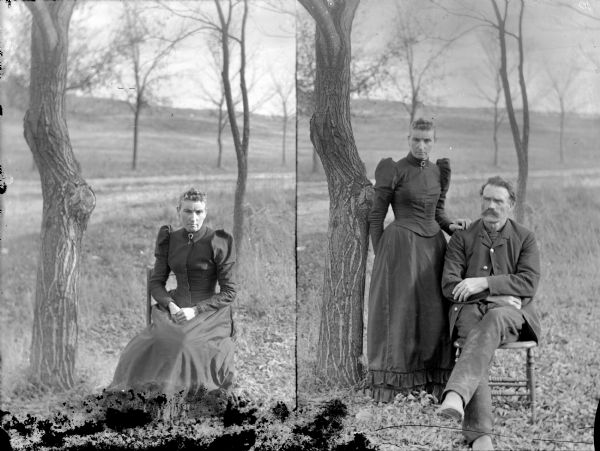 Two images: Left side is: Woman sitting outside in a chair near a tree with roadway and slight hill behind. On the right side is: Man posing sitting in a chair, and a woman posing standing next to him with a tree on the left.