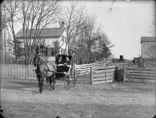 Man and woman posing sitting in a buggy pulled by a single horse. There is a large fur over their laps. They are in front of the gate of a wooden fence and a two-story frame house. Cows are in a barnyard near a barn in the background, and another carriage is parked near the fence.