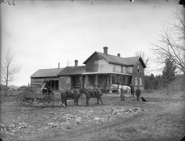 Man posing sitting in a wagon pulled by a team of four horses near a man, woman, and dog standing in front of two horses and a frame house and barn.
