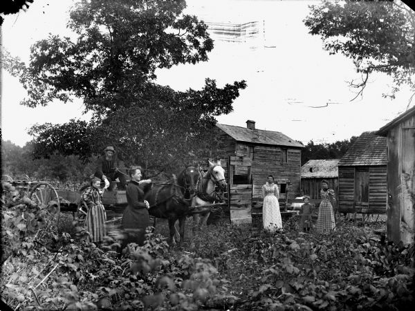 Family group posing in front of wooden farm buildings. A man is sitting in a wagon pulled by a team of two horses. An older woman, a young girl, and three young women are standing in a yard in front of a barn and other wooden buildings. Probably Bob Farrington and family. From right to left: Elsie Mead, Edna Farrington, Azalea Mead, Mrs. Farrington, Bob Farrington, and unknown.