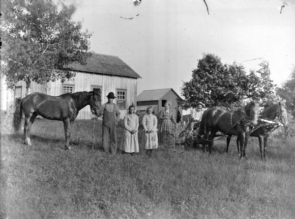 A group of people are posing om the yard in front of a house. A man on the left is wearing a hat and overalls and is displaying a horse. Next to him are standing two young girls wearing similar print dresses. In the center is an older woman standing and wearing a plaid dress. On the right a man is sitting on a piece of horse-drawn farm equipment (probably a mower) which is hitched to a team of two horses. Farm buildings are in the background.