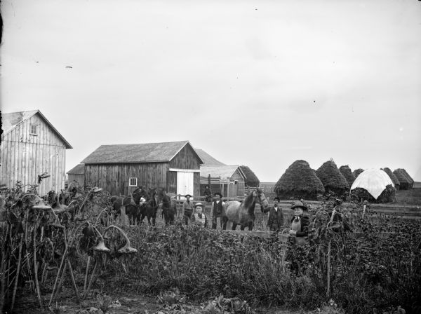 View from garden towards two women posing standing near the fence for a garden. Behind them, three men are displaying four horses. Another person in the background is sitting on a wooden fence in front of a group of farm buildings. Grain stacks in the background on the right, with one covered by a tarp, stand ready for threshing.