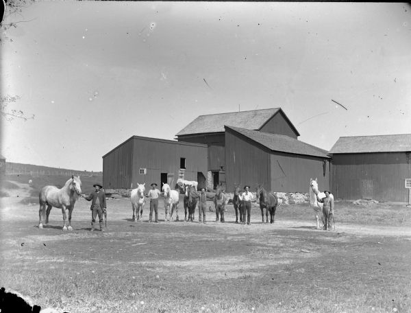 Group portrait of five men standing and displaying eight horses. In the background are farm buildings.