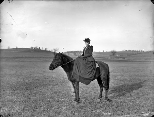 Woman posing sitting sidesaddle on a horse in a field. In the background are low hills.