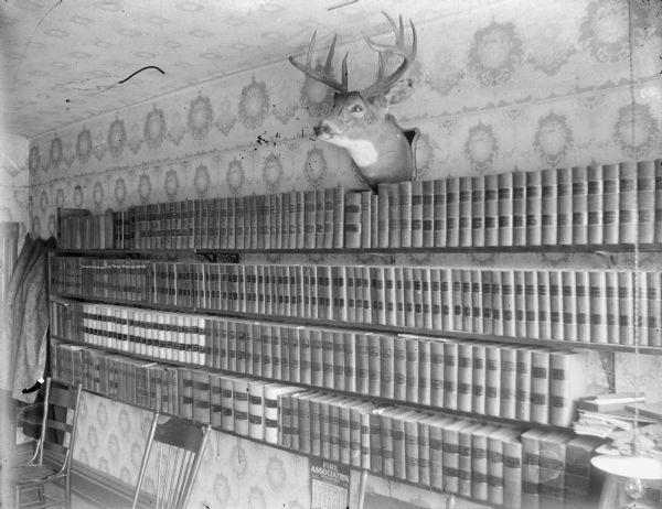 Bookshelves in a law office, with a deer trophy mounted on the wall above. Below the shelves are chairs and a calendar for November 1901.
