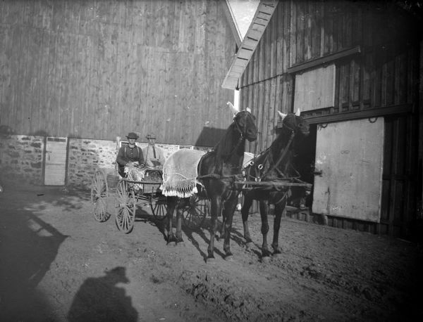 Two men posing sitting in a buggy pulled by a team of two horses wearing fly-nets and ear nets. There is a barn in the background, and another barn on the right. A man is lying on the floor of the open doorway of the barn on the right. The shadow of the photographer is in the left foreground.