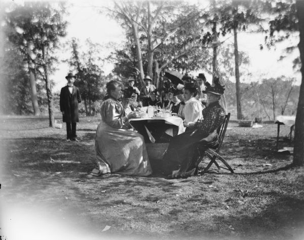 View across lawn towards the end of a table where a group of people are posing sitting for a picnic under the shade of trees. More men and women are standing behind the table.
