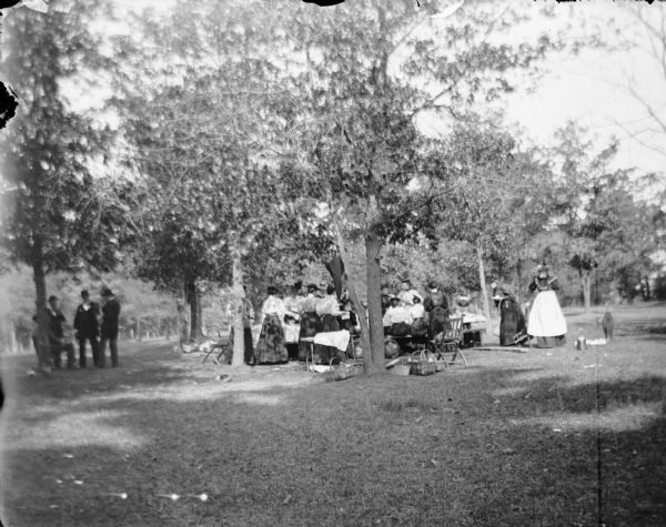 View across the grass towards a group of women sitting and standing near a long table for a picnic. A group of men are gathered under a tree on the left. Picnic baskets are under a tree near the table. Umbrellas are hanging from tree branches, and are also set up on a stand on the right.