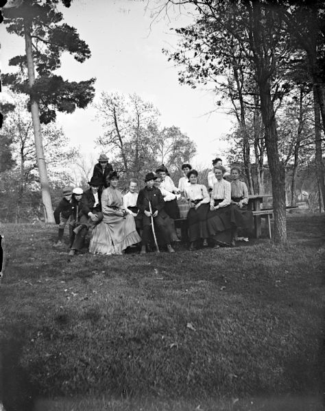 View across the grass towards a group of men, women and children posing on and around a picnic table for a group portrait.