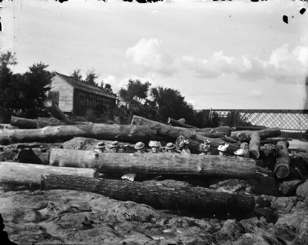 Group portrait of men and women, all wearing hats, peeking over the top of a large log along the riverbank. Other large logs are piled behind them. A railroad bridge over the river is in the background on the right. On the left above the group is a building with an advertisement painted on the side.