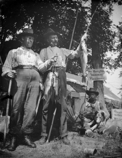 Two men are posing standing on the left with their catch of fish. Another man is sitting on the ground with a dog under a tree on the right. All three men have pipes in their mouths. A sign posted on the tree reads: "The Weary Willies Summer Residence." Behind the group is a tent.