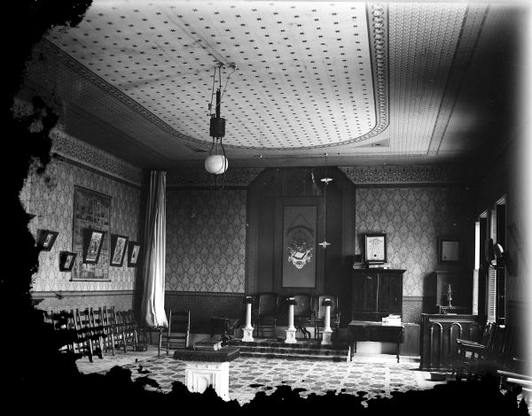Interior of a Masonic Lodge meeting hall for Black River Falls No. 74.