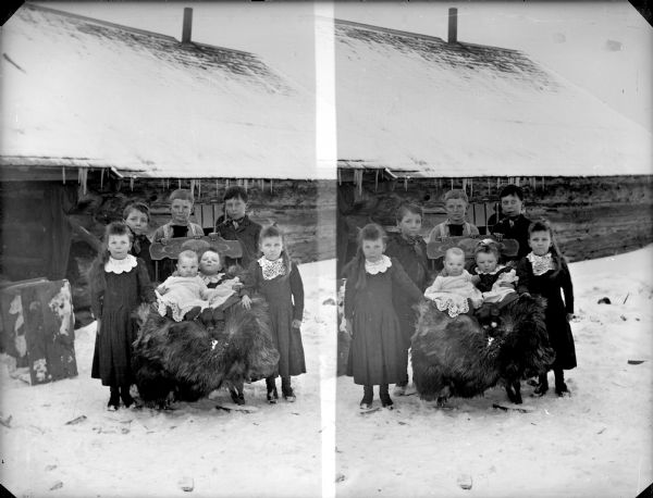 Two images on a negative of two children sitting on a fur-covered chair surrounded by two girls and three boys standing in front of a log house on snow-covered ground.