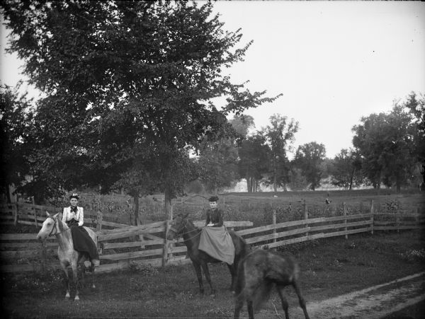 Two women posing sidesaddle on two horses on a dirt path with a wooden board fence behind them. In the foreground is a colt. In the background are a field and trees.