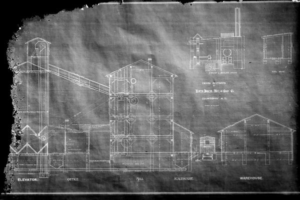 Cross-section building blueprints for the North Dakota Mill and Grain Company, Courtenay, North Dakota.